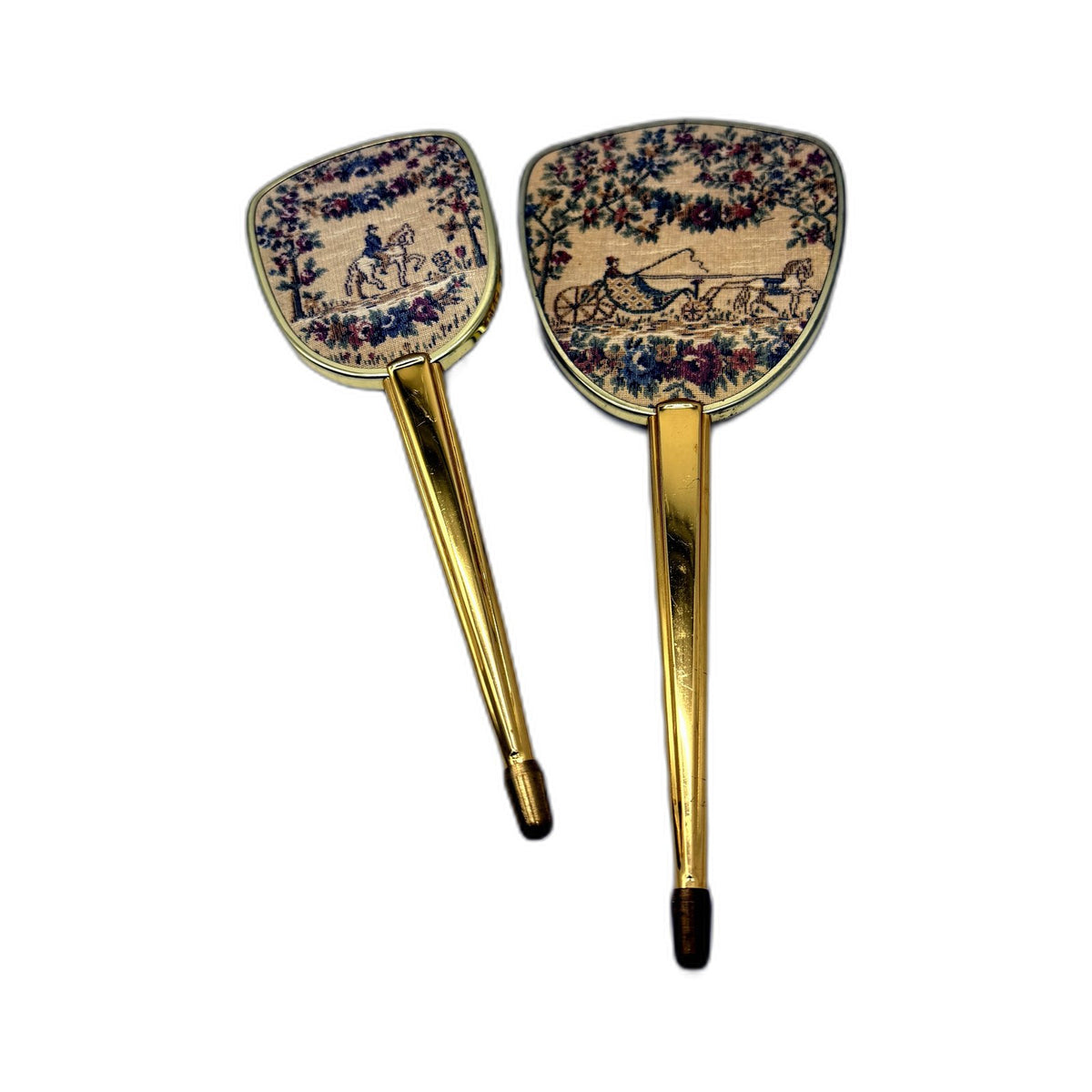 VINTAGE Hand Mirror and Brush Vanity Set Cream Beige Embroidered Tapestry