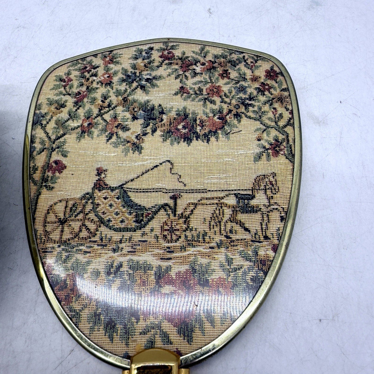 VINTAGE Hand Mirror and Brush Vanity Set Cream Beige Embroidered Tapestry