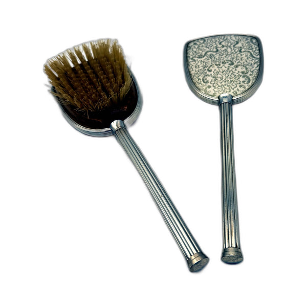 VINTAGE Silver-Tone & Gold Detailed Fluted Hand Mirror and Brush Set 