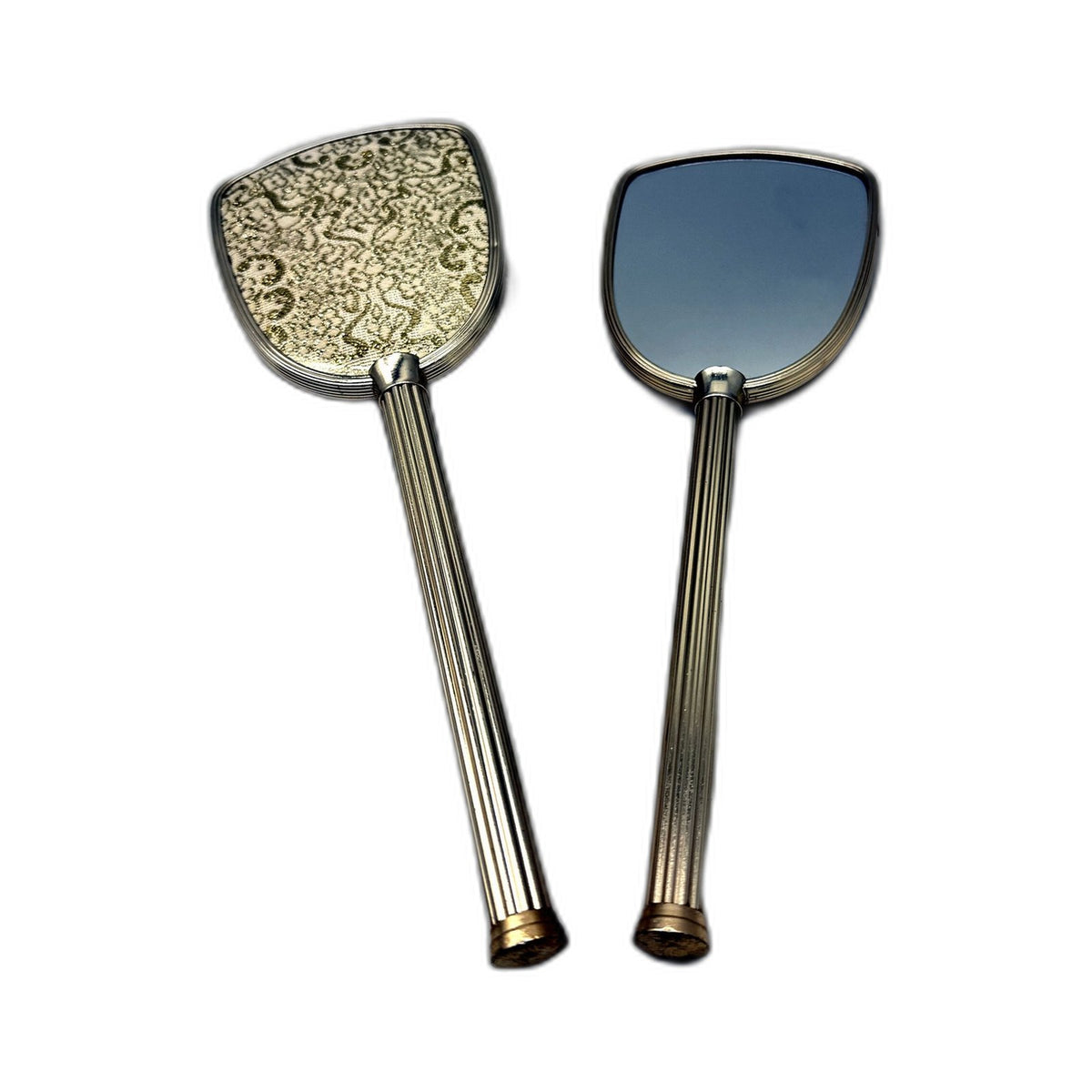 VINTAGE Silver-Tone & Gold Detailed Fluted Hand Mirror and Brush Set