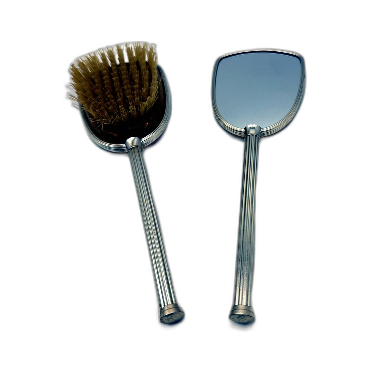 VINTAGE Silver-Tone & Gold Detailed Fluted Hand Mirror and Brush Set