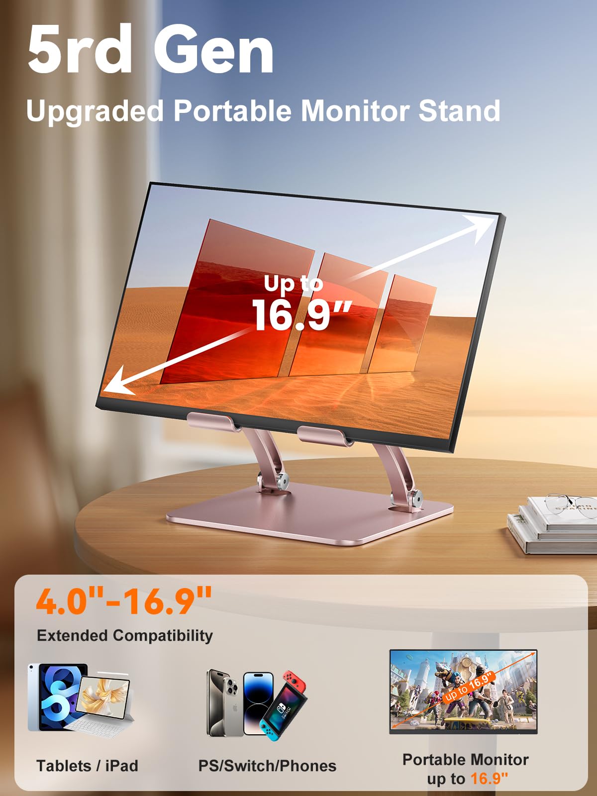 tounee Adjustable Stands Tablet Stand Dual Rod Support Rose Gold Portable NEW