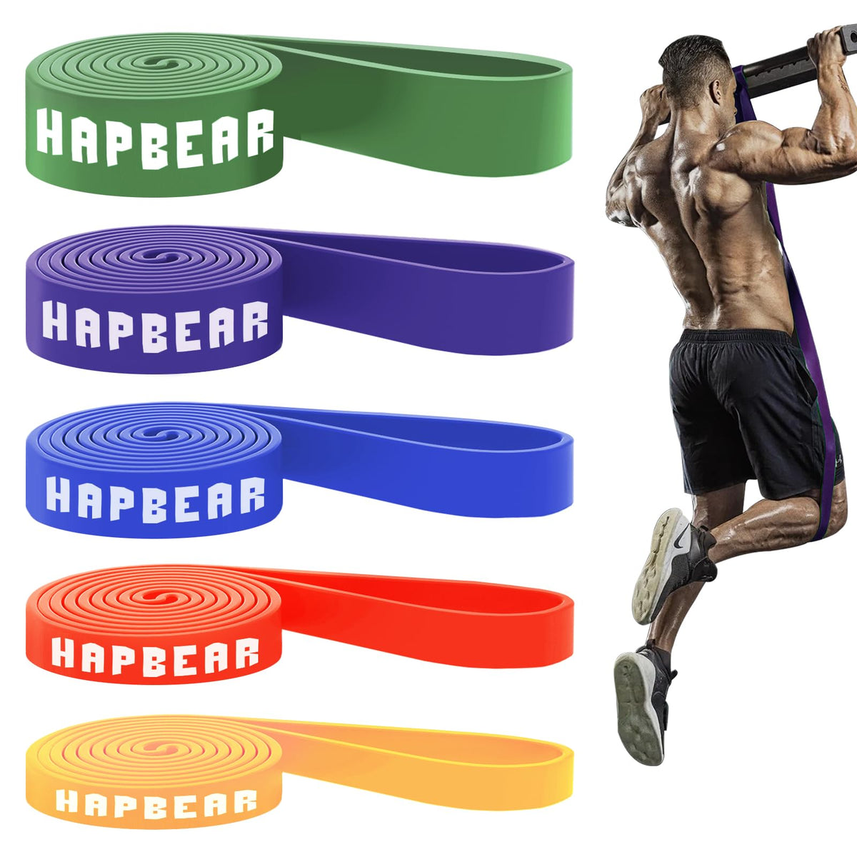 HAPBEAR Resistance Bands Set 5 Levels 15-170 lbs Heavy Duty NEW