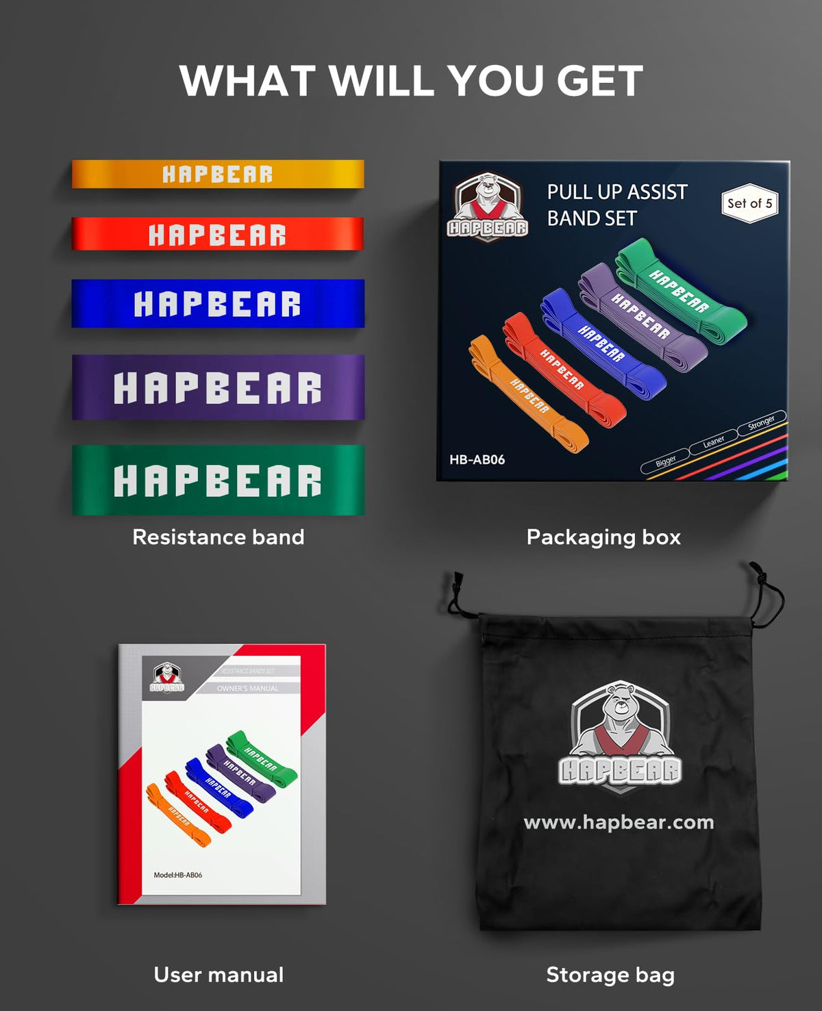 HAPBEAR Resistance Bands Set 5 Levels 15-170 lbs Heavy Duty NEW