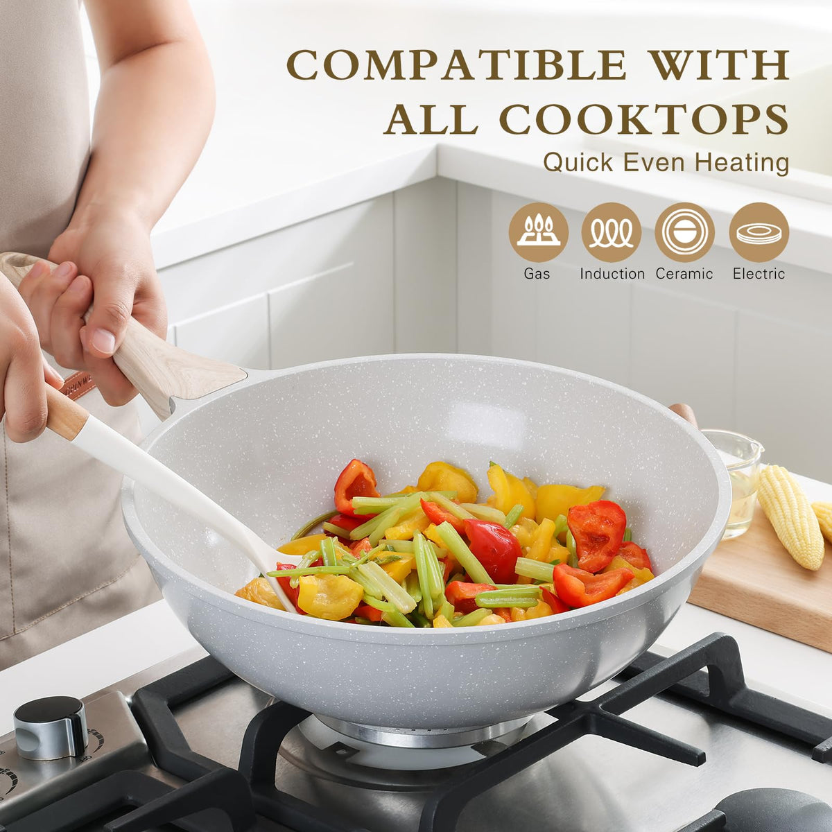 Kordisen White Woks Ceramic Nonstick Wok Pan with Lid - 12 Inch NEW