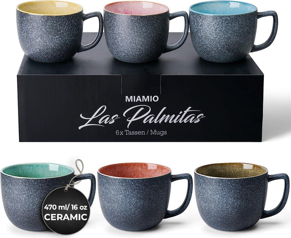 MIAMIO Multicolor Stoneware Coffee Mugs Set of 6 - 470ml BIG Size Coffee NEW