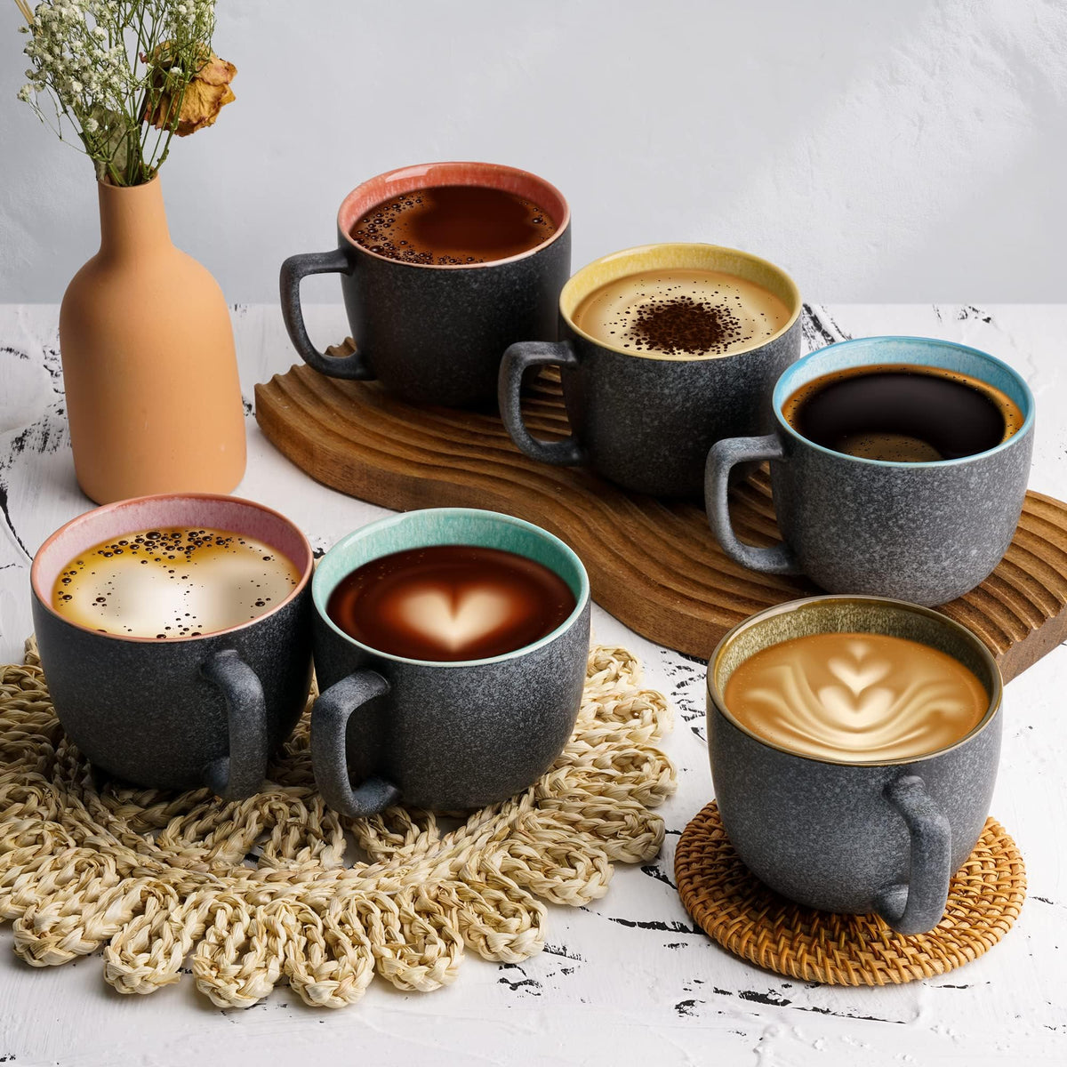 MIAMIO Multicolor Stoneware Coffee Mugs Set of 6 - 470ml BIG Size Coffee NEW