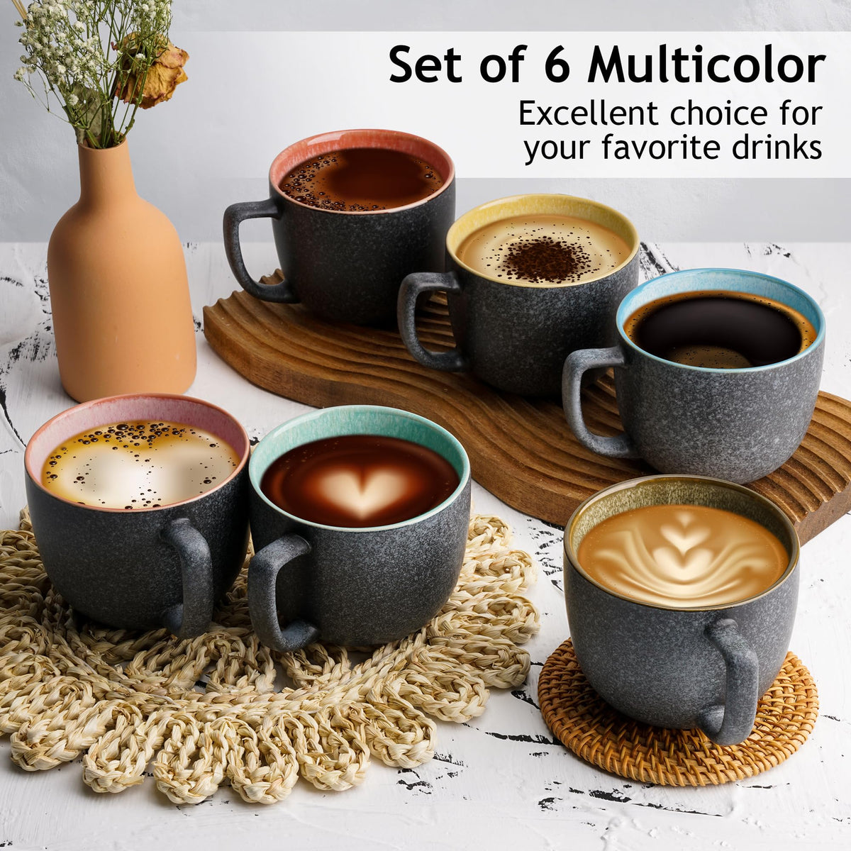 MIAMIO Multicolor Stoneware Coffee Mugs Set of 6 - 470ml BIG Size Coffee NEW