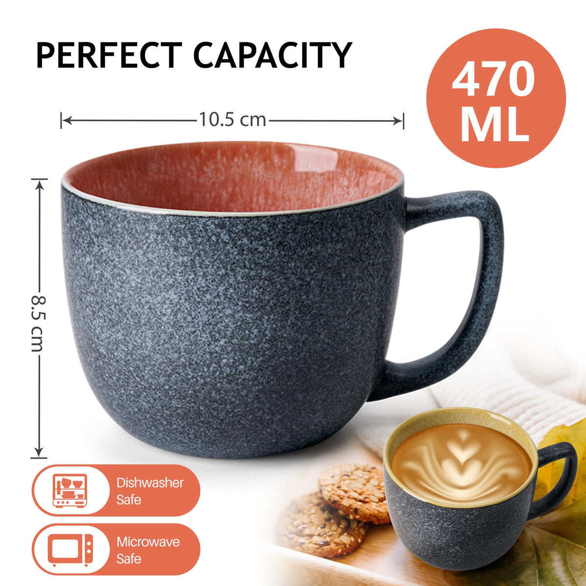 MIAMIO Multicolor Stoneware Coffee Mugs Set of 6 - 470ml BIG Size Coffee NEW