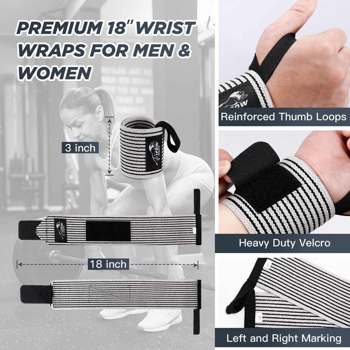 Professional Wrist Wraps 18 Inch Heavy Duty Weightlifting Black & White NEW