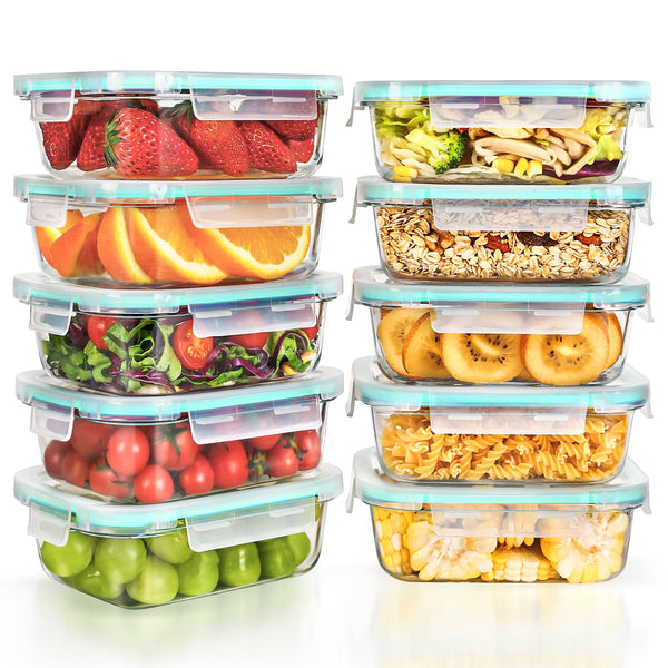 Feshory Glass Container Sets Food Storage Containers 10x640ML Airtight Lids NEW