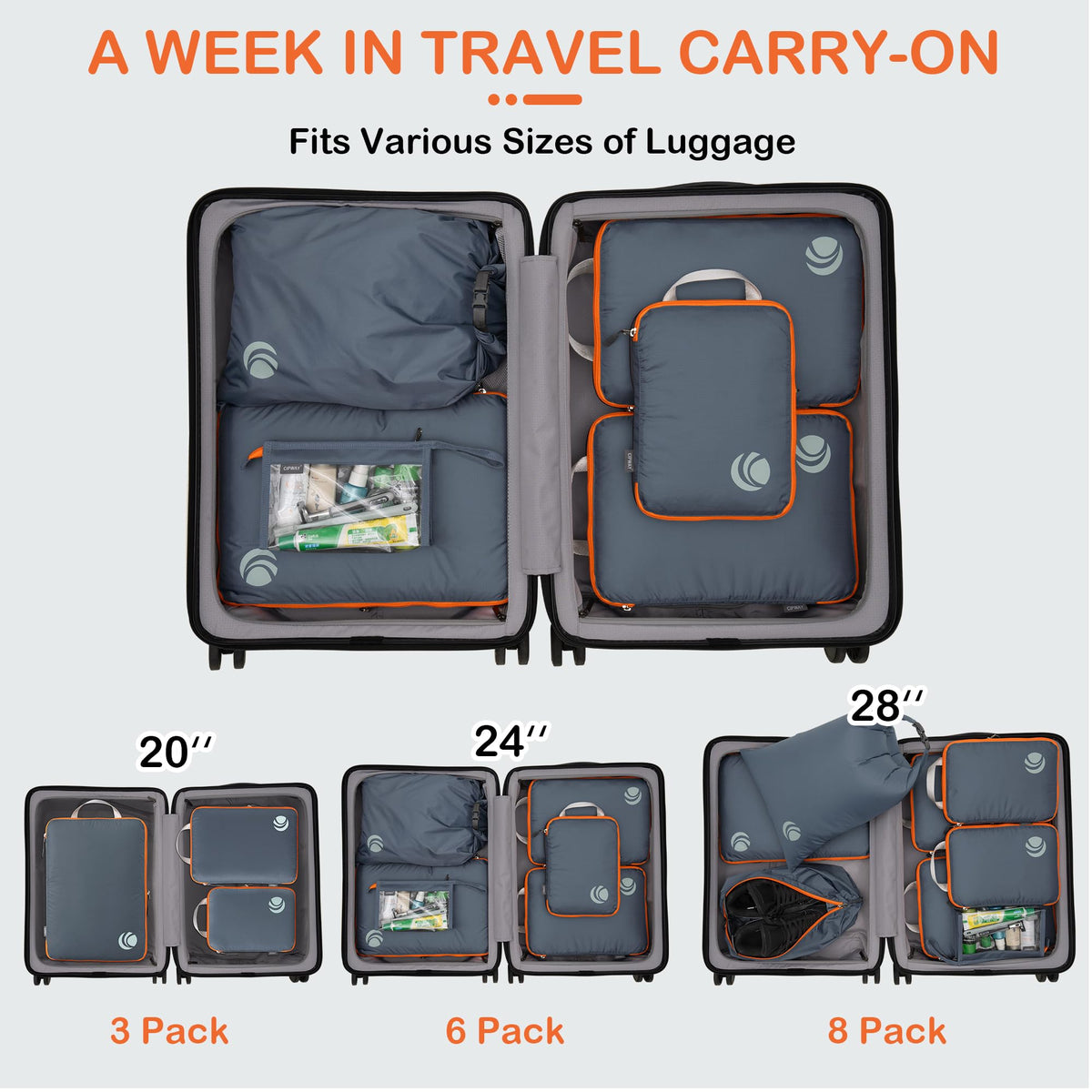 Cipway Compression Packing Cubes Expandable Luggage Organizer Grey 6PCS NEW