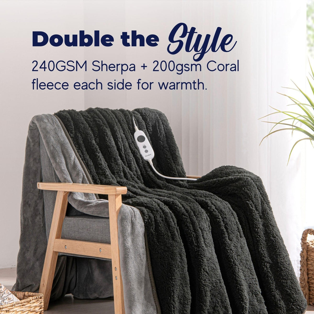 Dreamaker Reversible Throws Sherpa Heated Throw Blanket Charcoal Silver DEMO