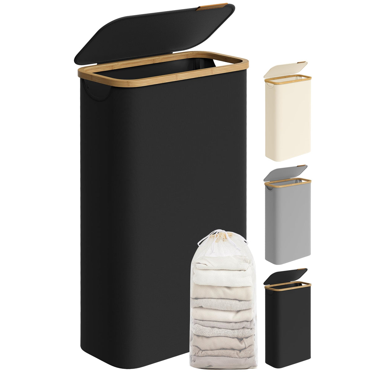 SONGMICS 65L Black Laundry Hamper with Lid - Slim Basket NEW