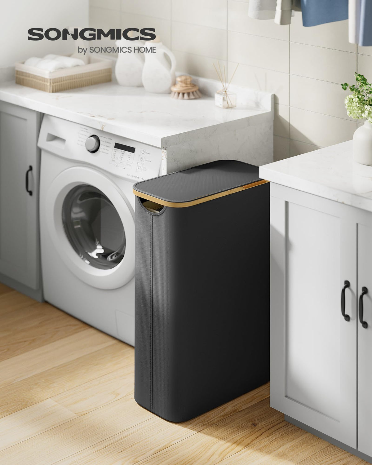 SONGMICS 65L Black Laundry Hamper with Lid - Slim Basket NEW