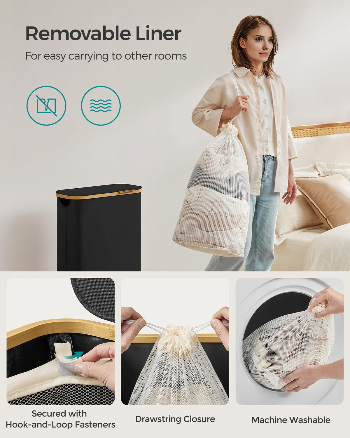 SONGMICS 65L Black Laundry Hamper with Lid - Slim Basket NEW