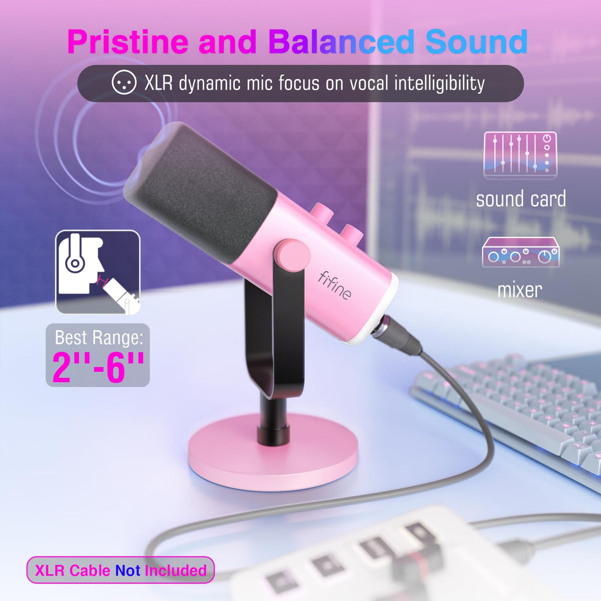 FIFINE XLR USB Dynamic Microphone Gaming Recording Headphone Jack Pink DEMO