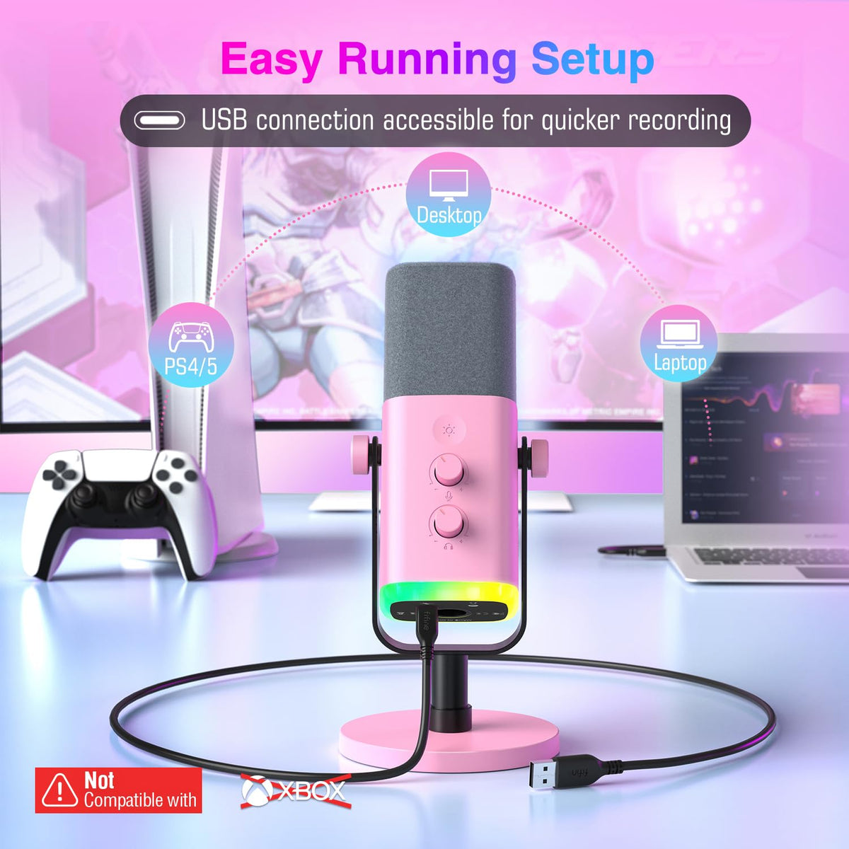 FIFINE XLR USB Dynamic Microphone Gaming Recording Headphone Jack Pink DEMO