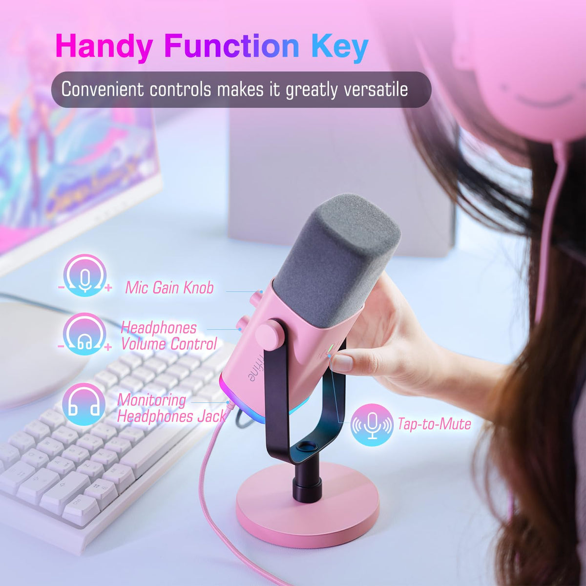 FIFINE XLR USB Dynamic Microphone Gaming Recording Headphone Jack Pink DEMO