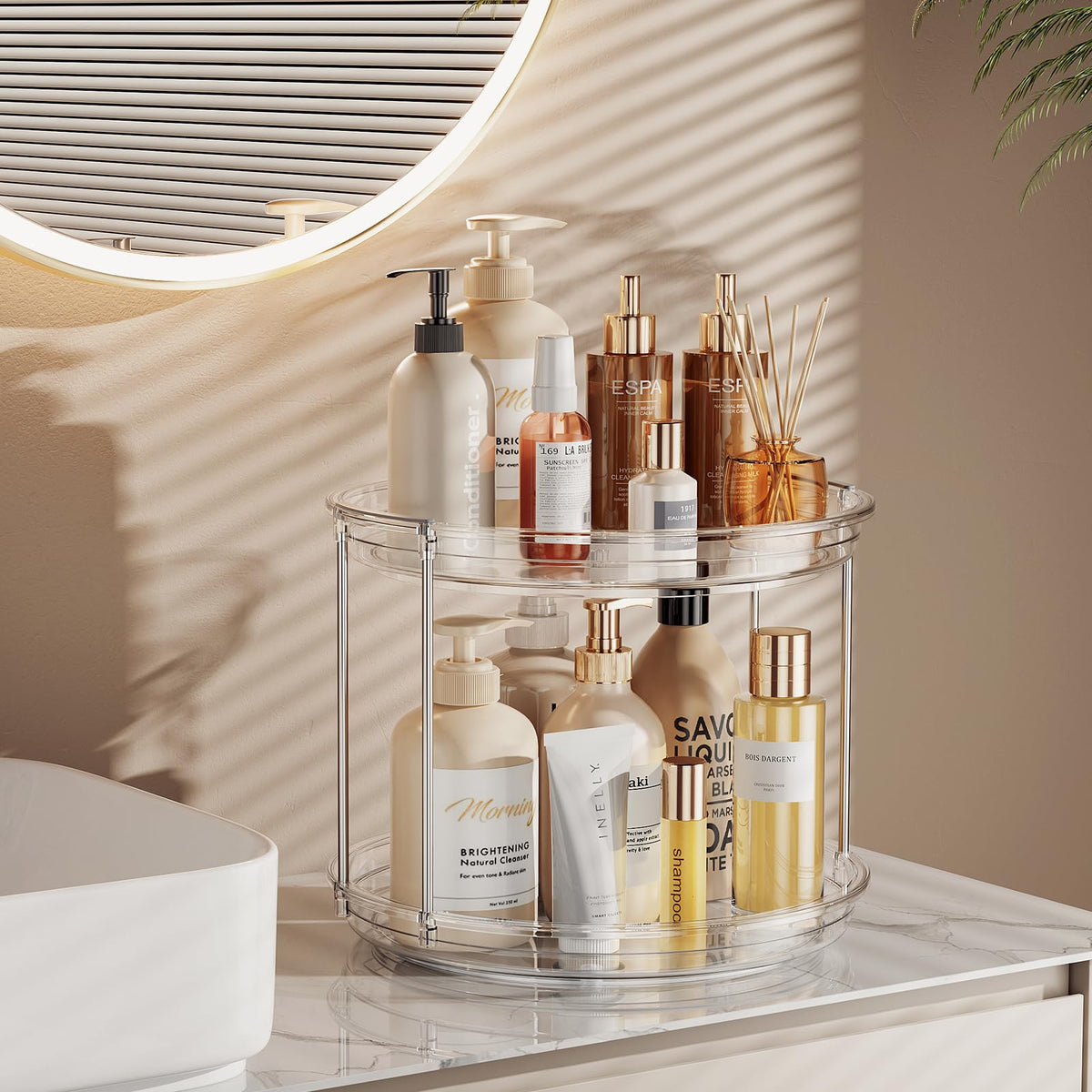LAMU 2 Tier Clear Lazy Susan Turntable Rotating Spice Rack Organizer NEW