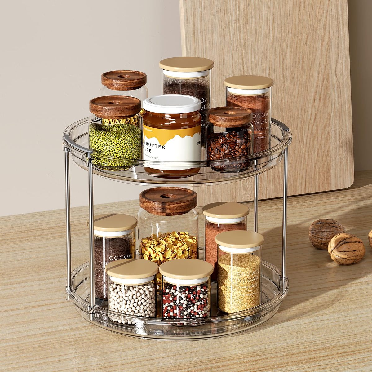 LAMU 2 Tier Clear Lazy Susan Turntable Rotating Spice Rack Organizer NEW
