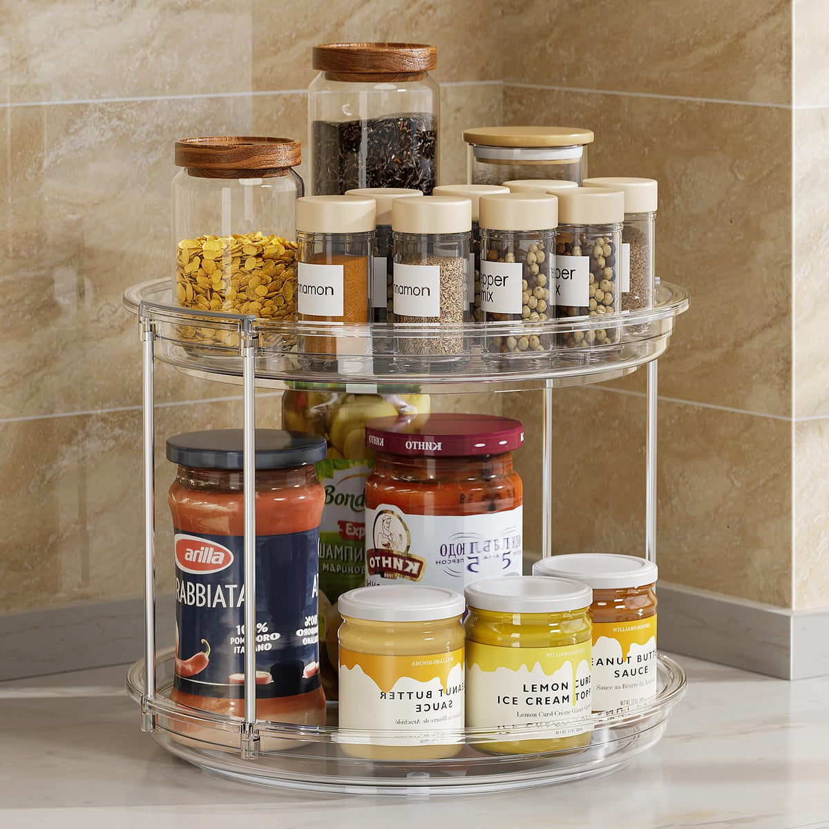 LAMU 2 Tier Clear Lazy Susan Turntable Rotating Spice Rack Organizer NEW
