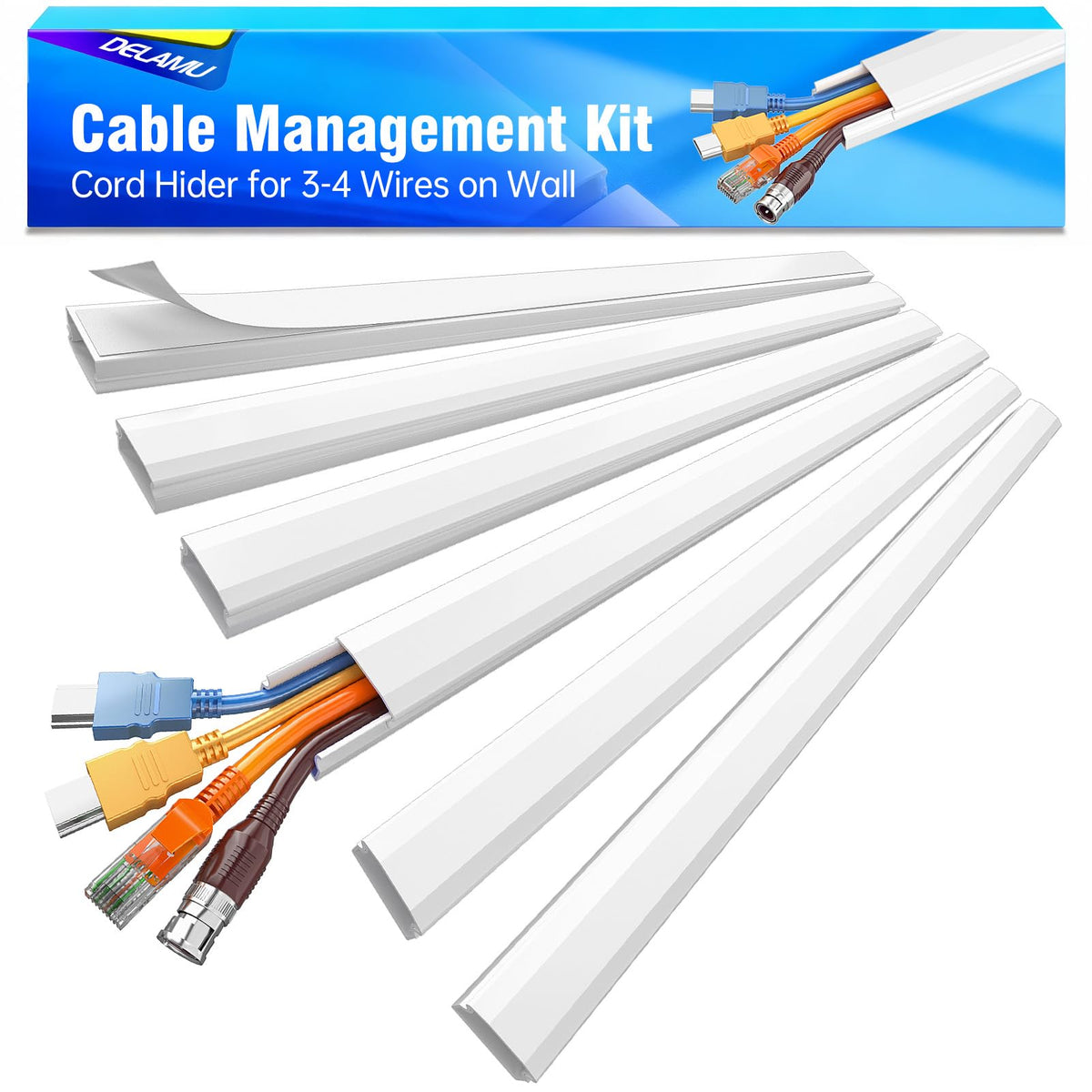 Delamu White Cable Sleeves for Wall Cord Hider Large 3-4 Wires NEW
