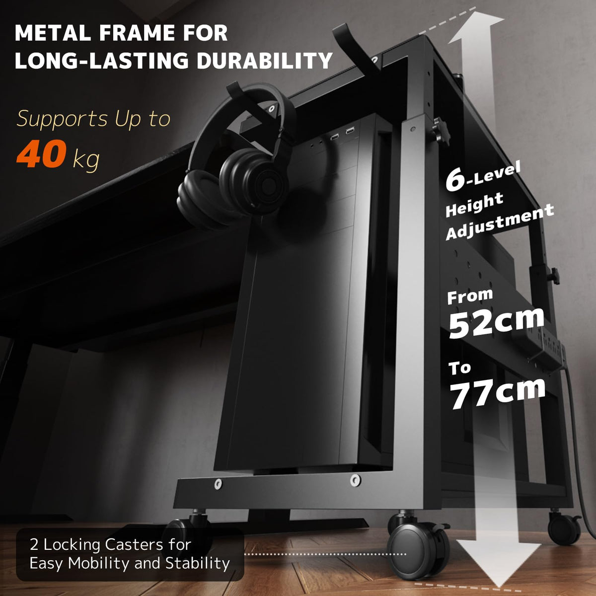 Height Adjustable Computer Tower Stand Cart - Black Metal DEMO