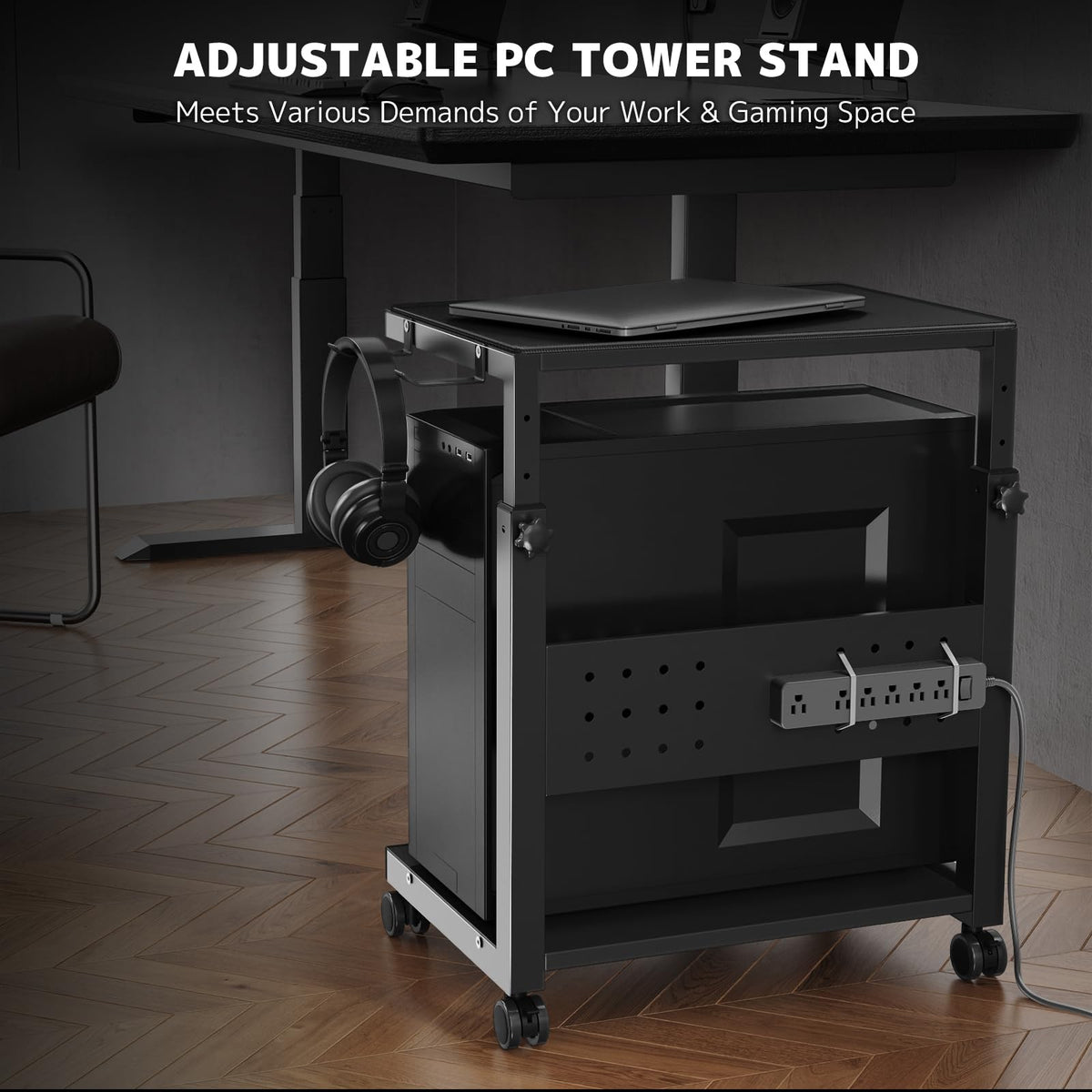 Height Adjustable Computer Tower Stand Cart - Black Metal DEMO