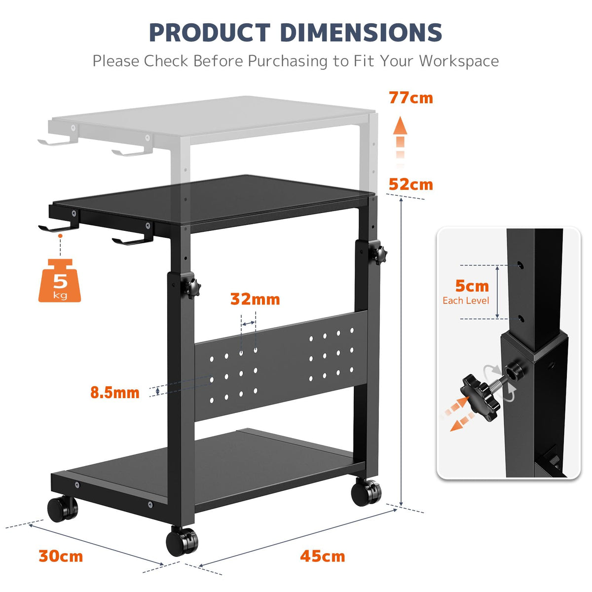 Height Adjustable Computer Tower Stand Cart - Black Metal DEMO
