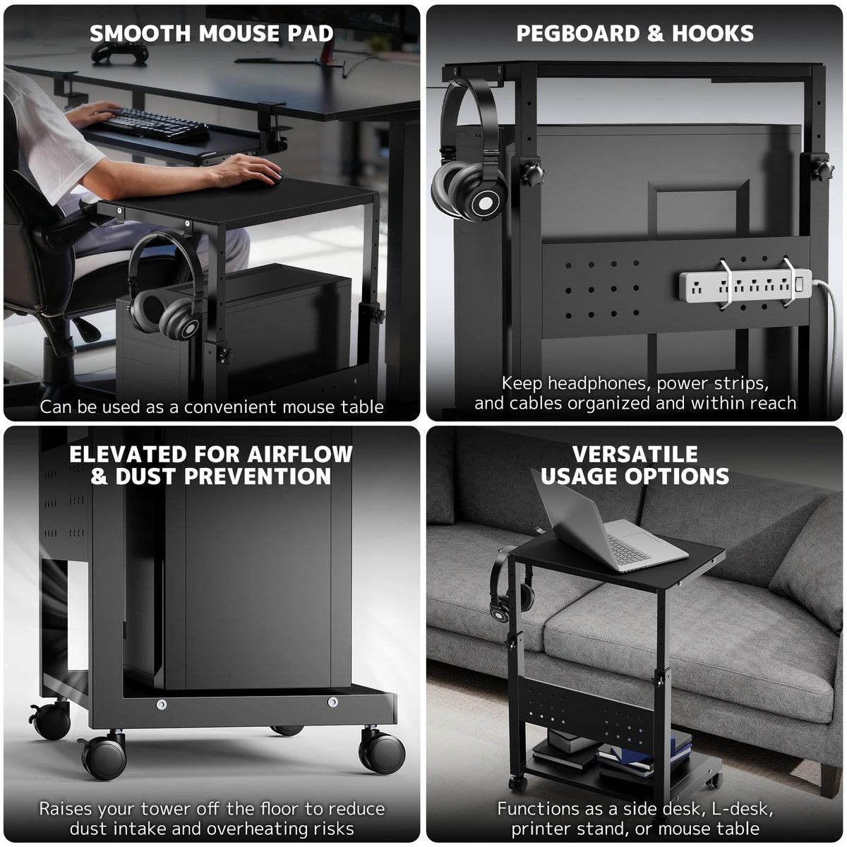 Height Adjustable Computer Tower Stand Cart - Black Metal DEMO