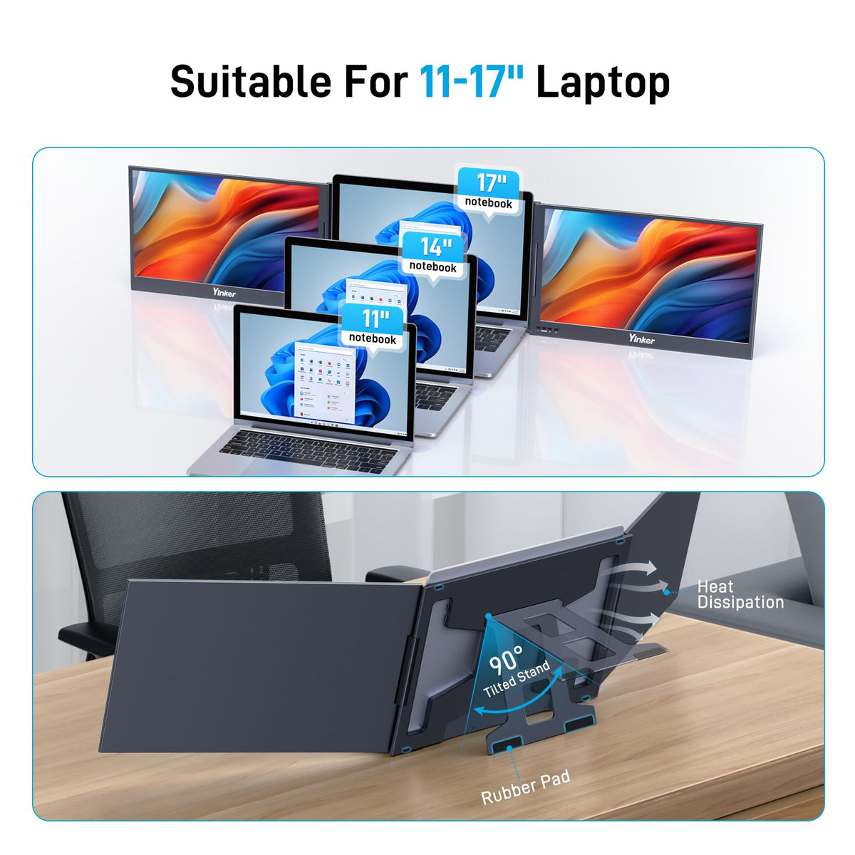 Yinker 15.6" Portable Triple Monitor Extender for Laptop Black NEW