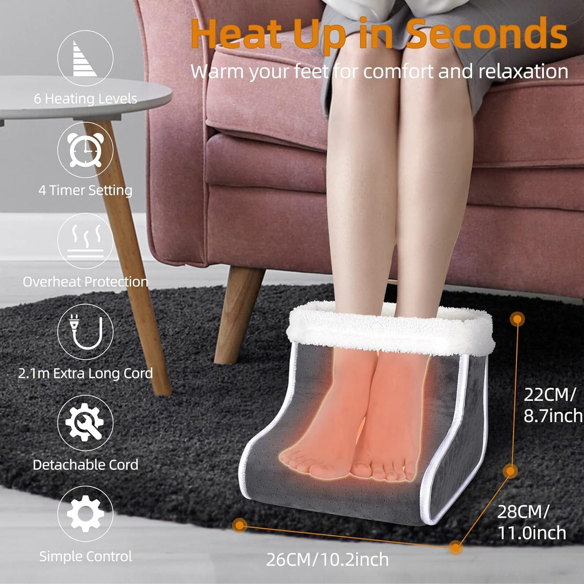 JiaoZoum Electric Heated Foot Warmer 6 Temperature Settings Grey Size 28cm NEW