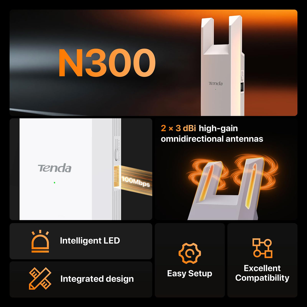 Tenda N300 WiFi Range Extender with Ethernet Port - White DEMO