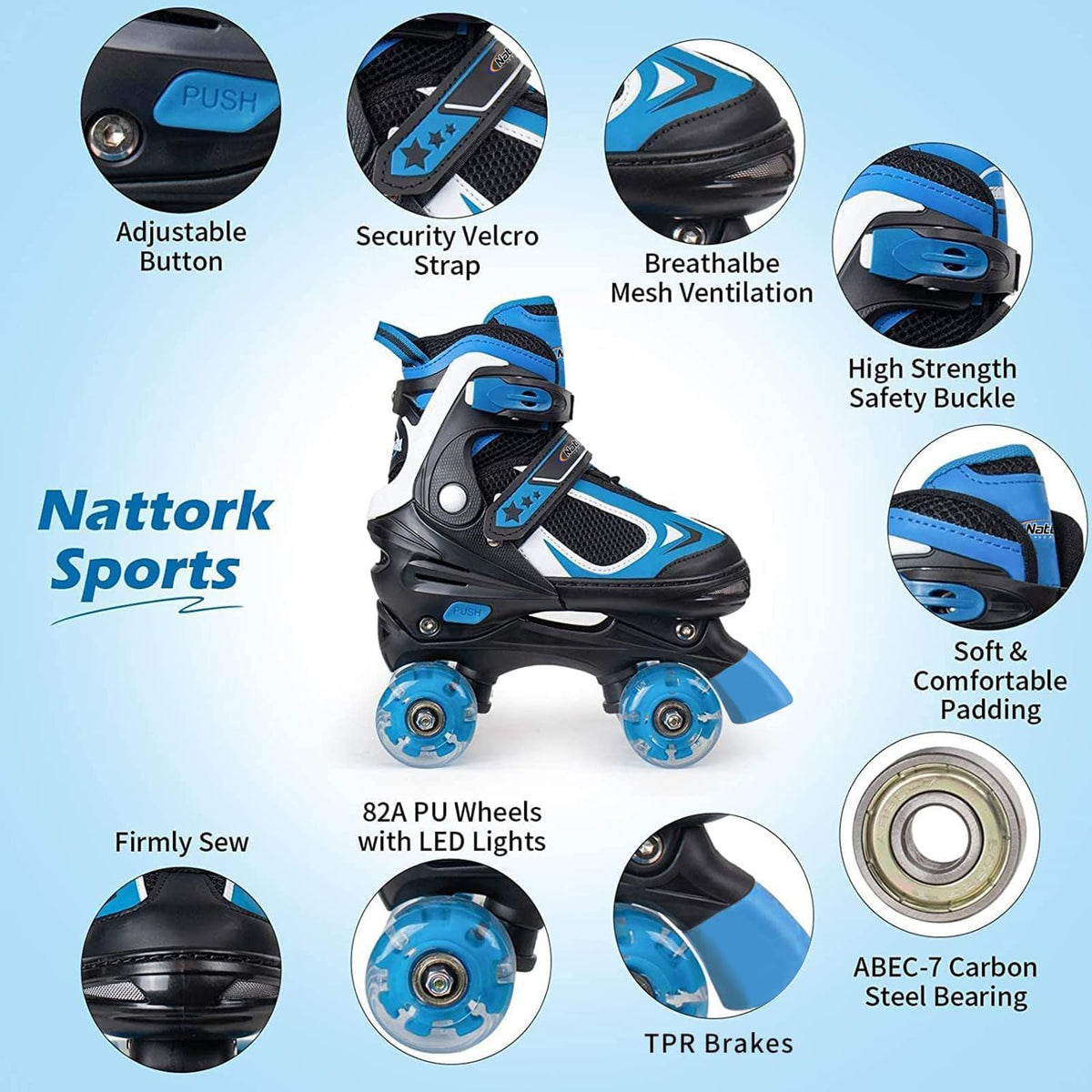 Nattork Kids Roller Skates Adjustable Quad Blue Small 10C-13C Size NEW