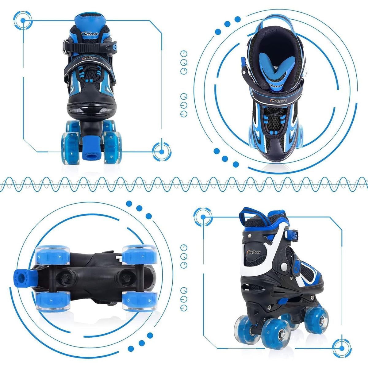Nattork Kids Roller Skates Adjustable Quad Blue Small 10C-13C Size NEW