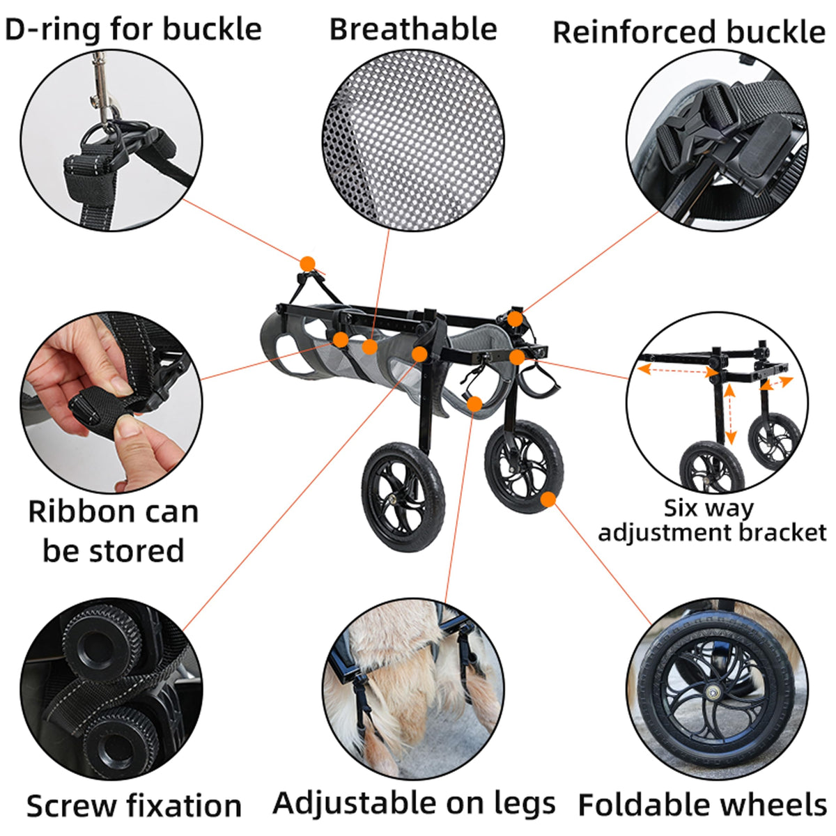 KAJILE Folding Adjustable Pet Pram Wheelchair - Grey Dark Size 2XL NEW