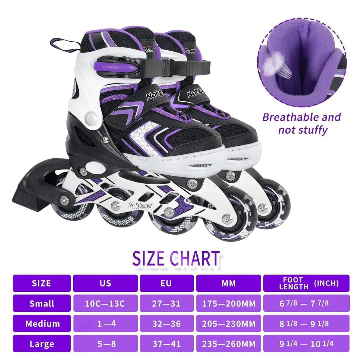 Nattork Children's Inline Skates Light Up Wheels Purple Size 1-4 US Size M NEW