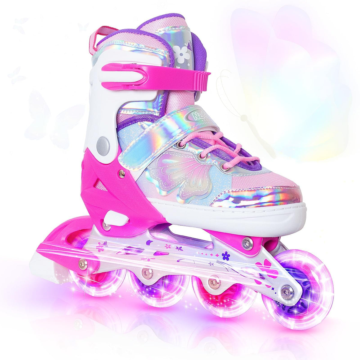 Nattork Kids Inline Skates Rose Medium Size 1-4 US Butterfly White & Pink NEW