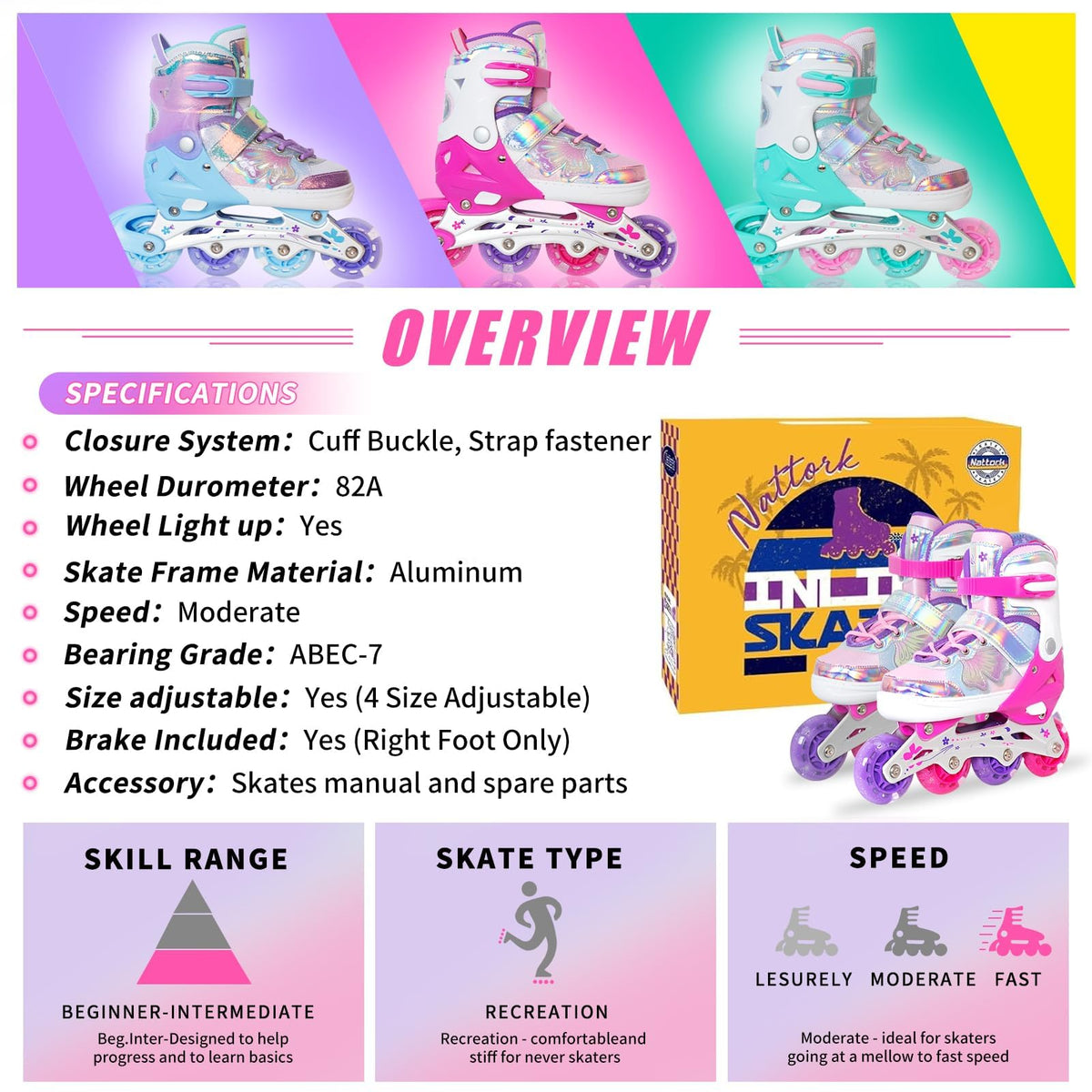 Nattork Kids Inline Skates Rose Medium Size 1-4 US Butterfly White & Pink NEW
