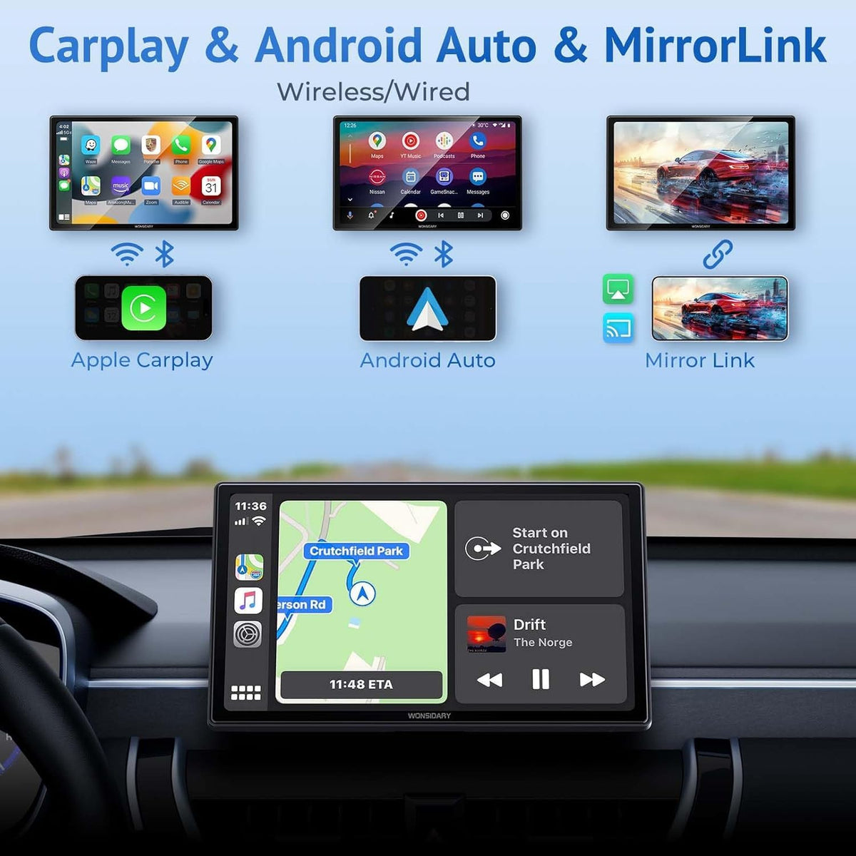 Wonsidary 9 Car Electronics Inch HD IPS Wireless Apple CarPlay Android Auto NEW