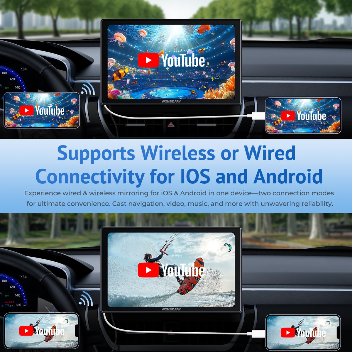 Wonsidary 9 Car Electronics Inch HD IPS Wireless Apple CarPlay Android Auto NEW