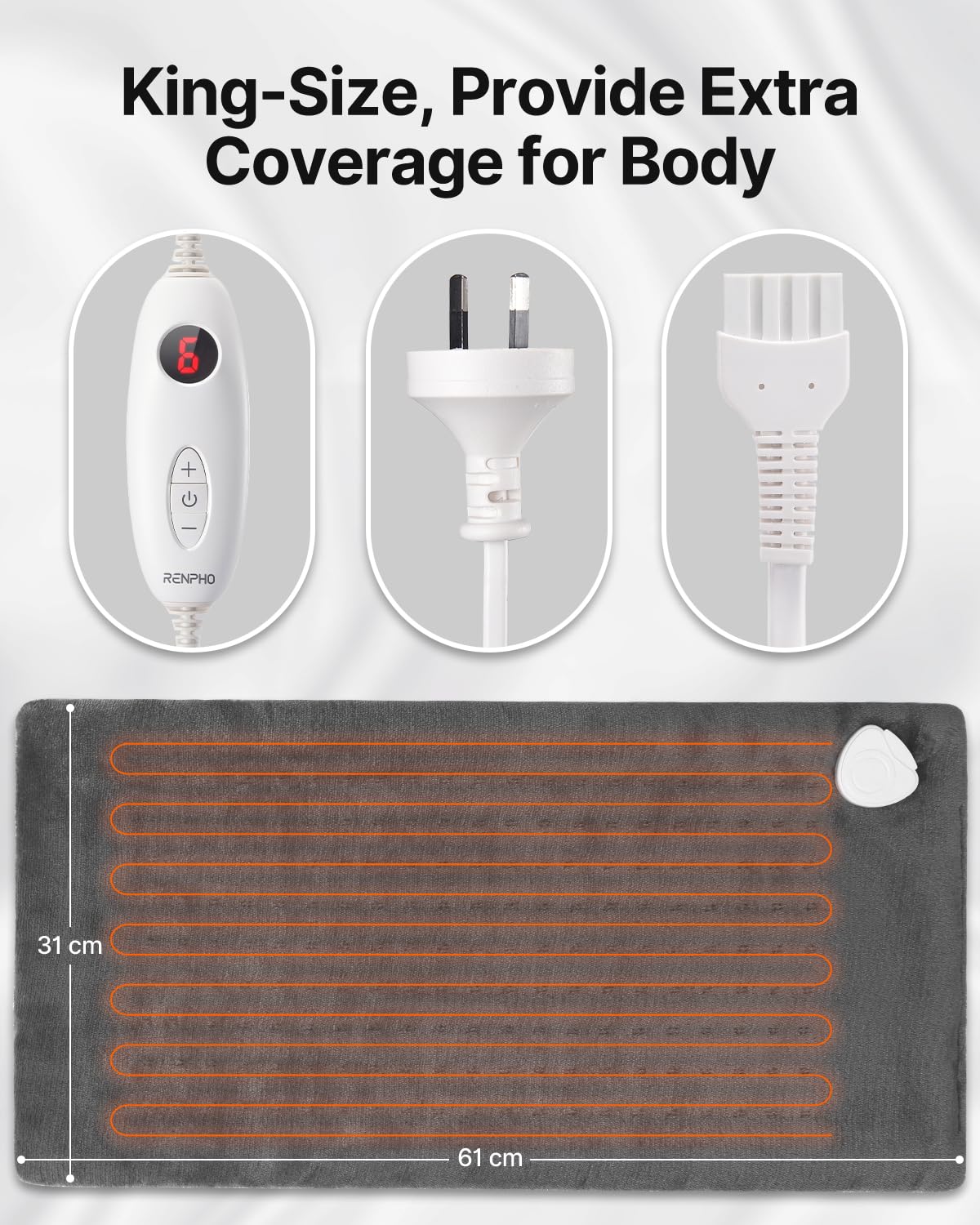 RENPHO Electric Heating Pad Back Pain Relief Soft Gray Therapeutic DEMO