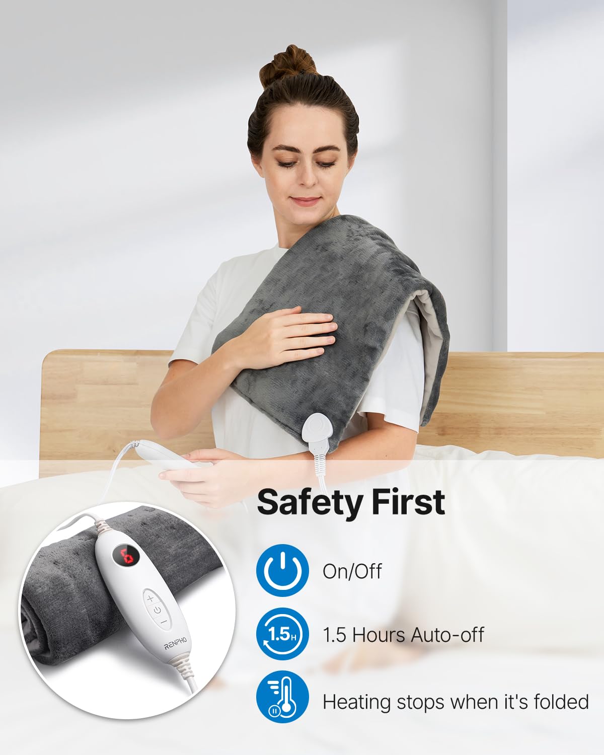 RENPHO Electric Heating Pad Back Pain Relief Soft Gray Therapeutic DEMO
