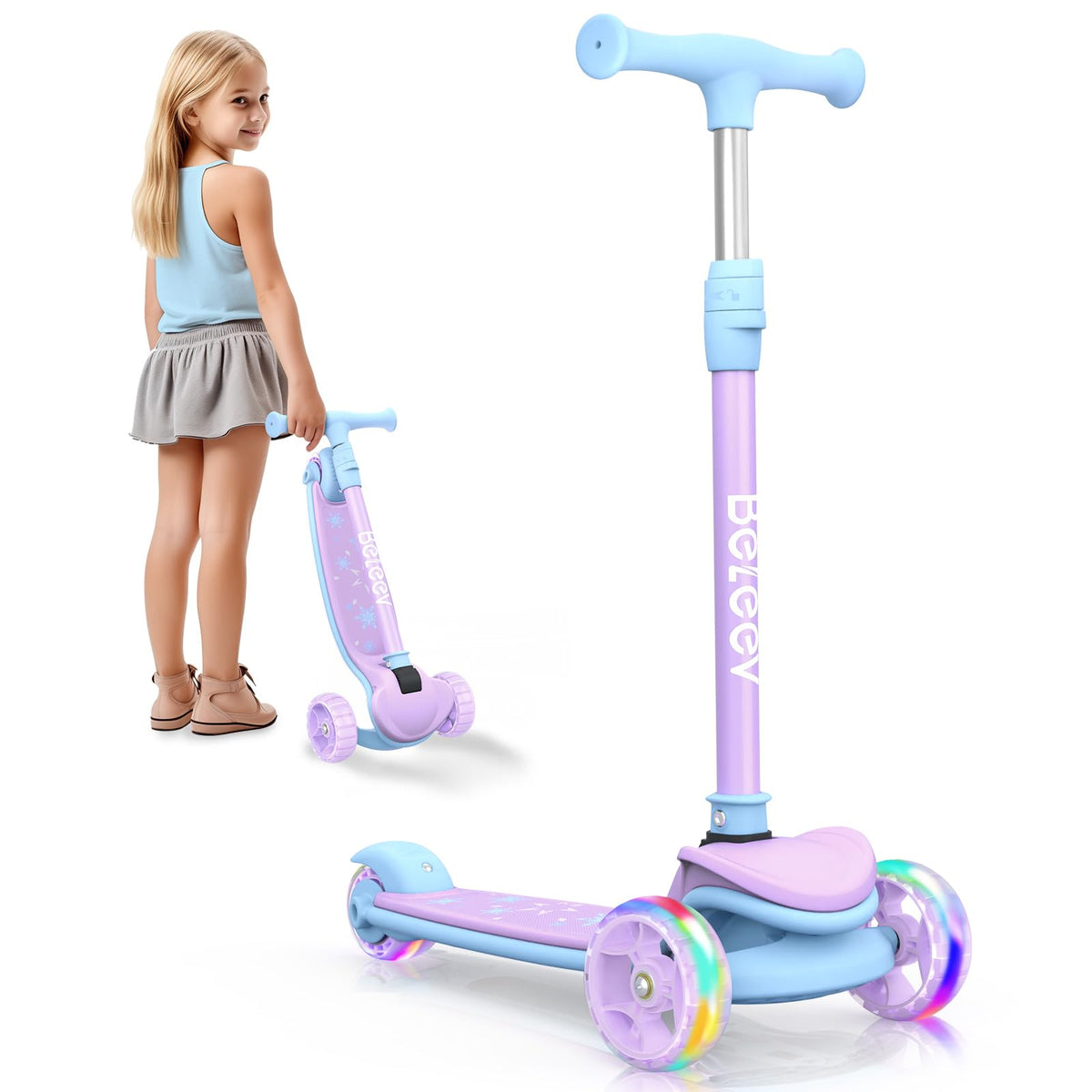 BELEEV 3 Scooters Wheel Folding Scooter for Kids Ages 3-12, Purple NEW