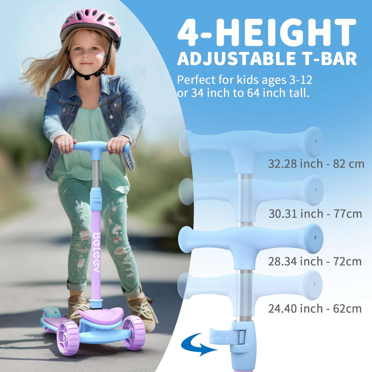 BELEEV 3 Scooters Wheel Folding Scooter for Kids Ages 3-12, Purple NEW