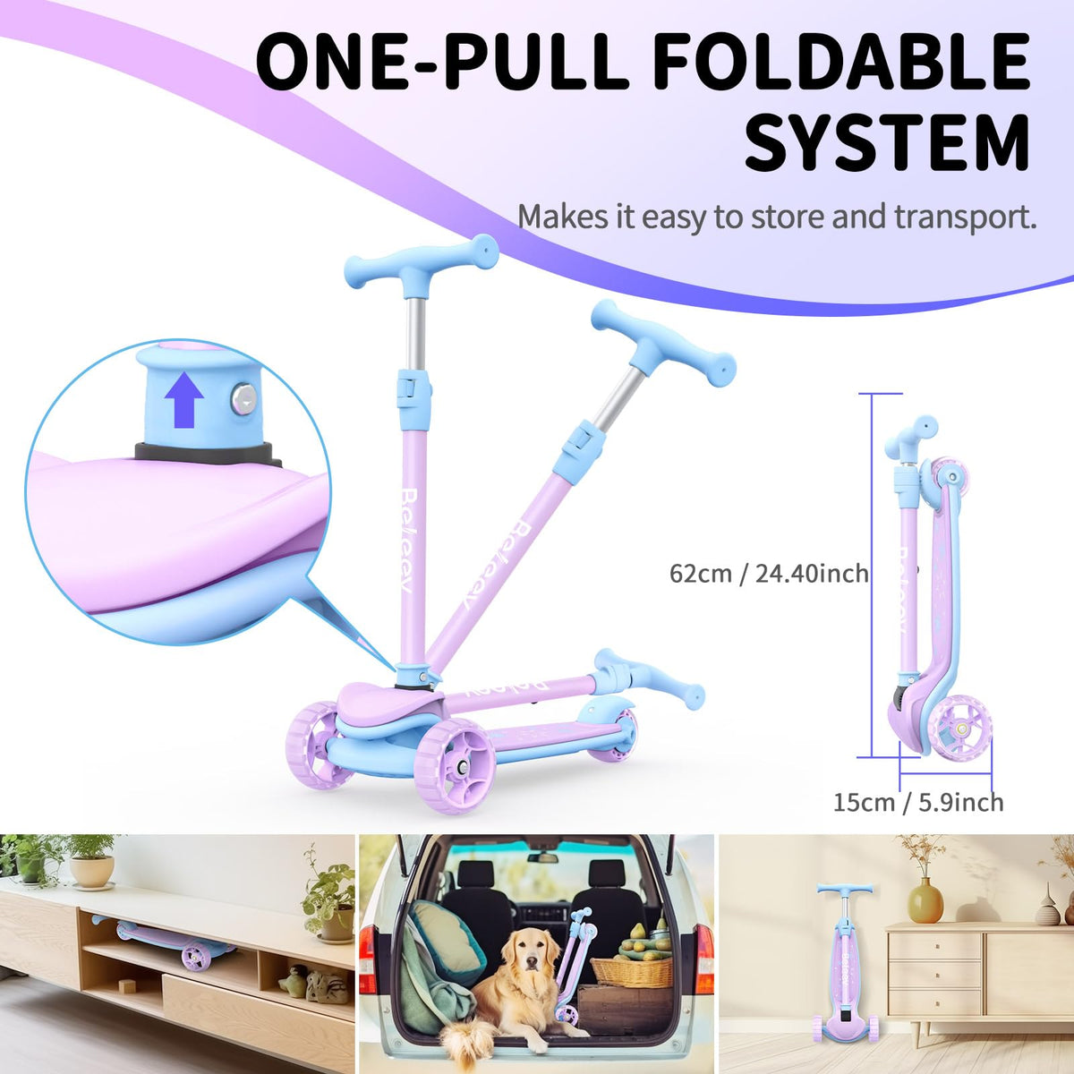 BELEEV 3 Scooters Wheel Folding Scooter for Kids Ages 3-12, Purple NEW
