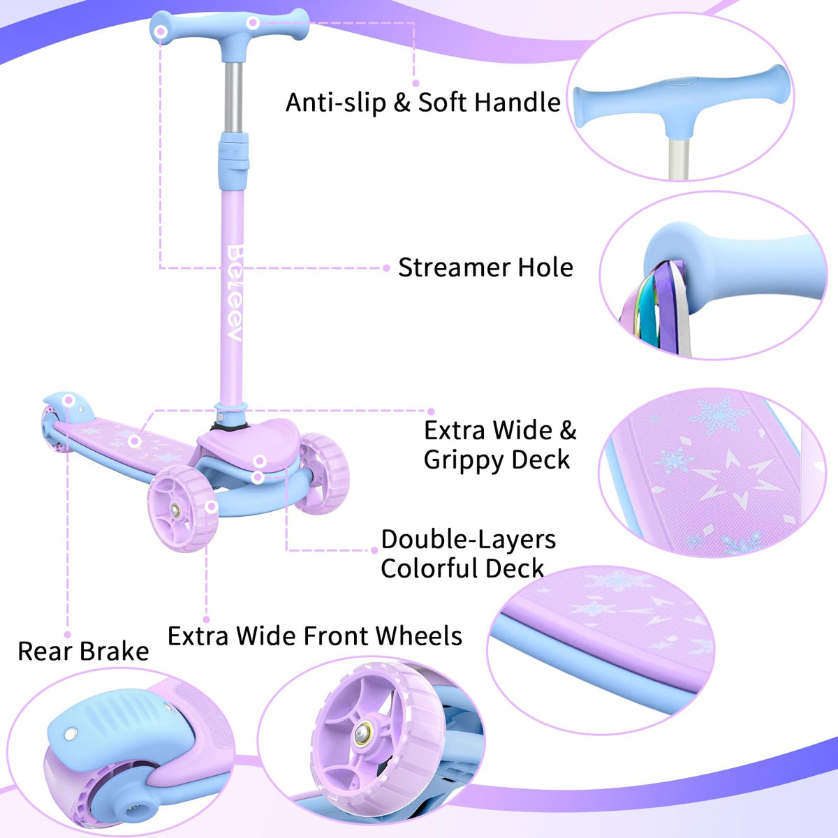 BELEEV 3 Scooters Wheel Folding Scooter for Kids Ages 3-12, Purple NEW