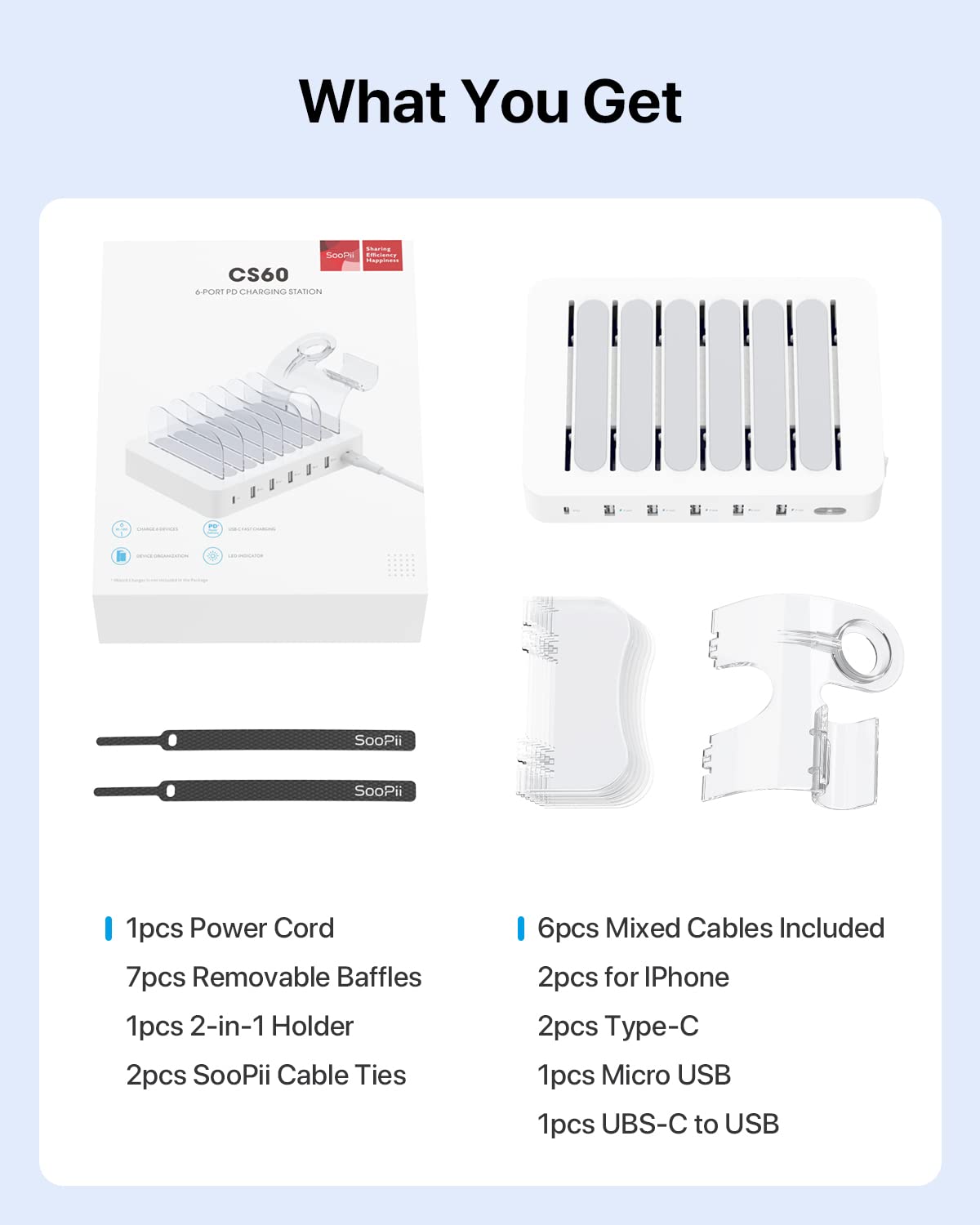 SOOPII 60W Mains Chargers 6-Port USB-C Fast Charging Station White - Multi DEMO