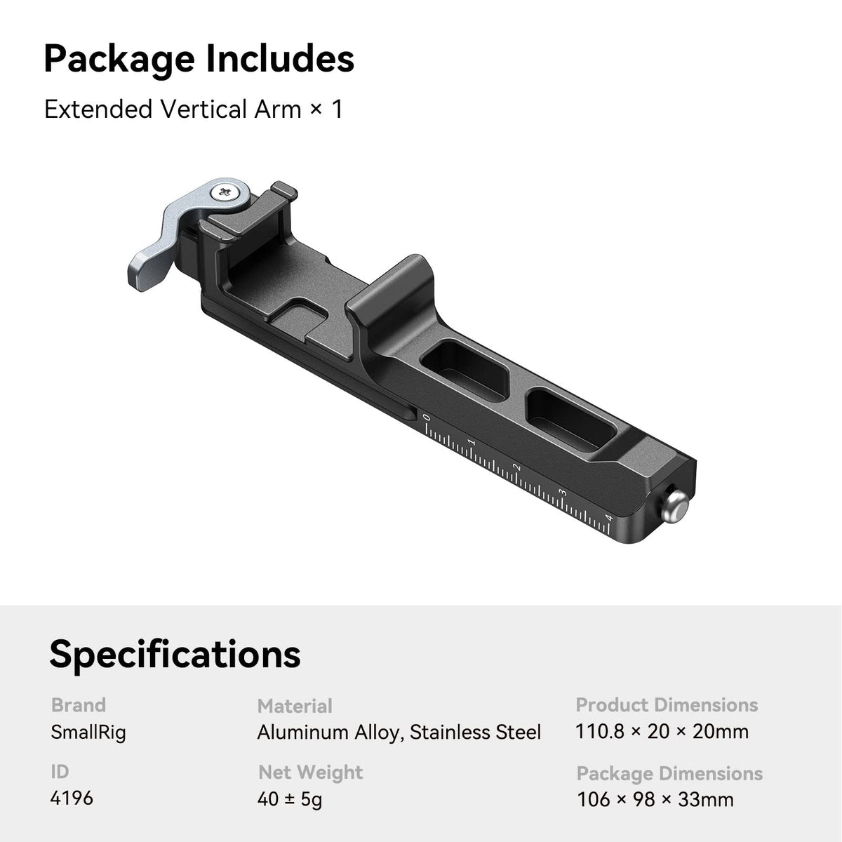 SmallRig RS 3 Mini Extended Vertical Arm Mount Plate - Black NEW